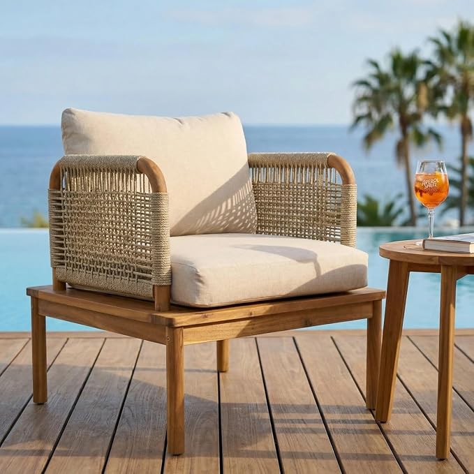 Patio Furniture Set of 2 Chairs, Outdoor Sectional Furniture with Rope Armrests and Thick Washable Cushions, All-Weather Patio Conversation Set for Backyard, Garden and Poolside (Series A)