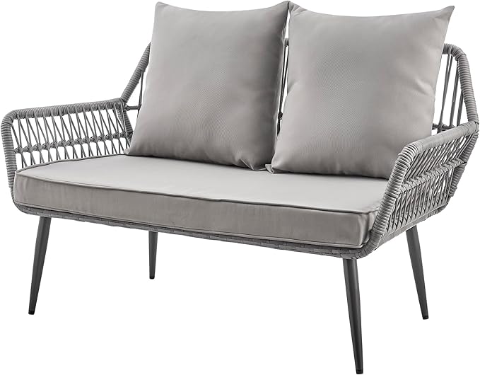 Manhattan Comfort Portofino 4-Piece Patio Conversation Set, Rope Wicker Design with Waterproof Cushions | Outdoor Furniture Includes 2 Armchairs, Loveseat & Coffee Table with Tempered Glass Top, Grey