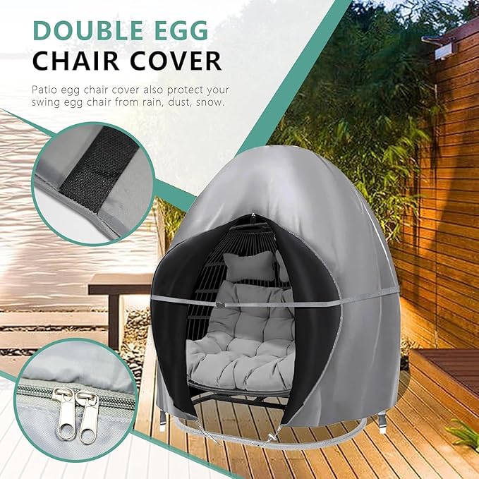 Patio Egg Chair Cover, 91x80 Inches, Extra Large Double Egg Chair Cover for Outdoor Furniture, Large Swing Hanging Egg Chair Covers Waterproof, Anti-UV, Dust-Proof(Grey)