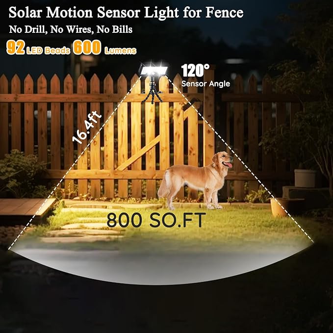 Motion Sensor Solar Lights Outdoor with Octopus Tripod, 360° Rotatable 600LM 92 LED Fence Light with Remote Control, 3 Color Modes, IP65 Waterproof Security Light for Deck Fence Camping (2 Pack)