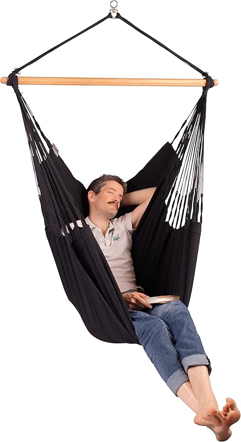 La Siesta® Large Comfort Habana Cotton Hanging Hammock Chair, Indoor Outdoor Hammock Swing Chair, Boho Hanging Chair Bedroom Patio, Max 285 Lbs, Onyx