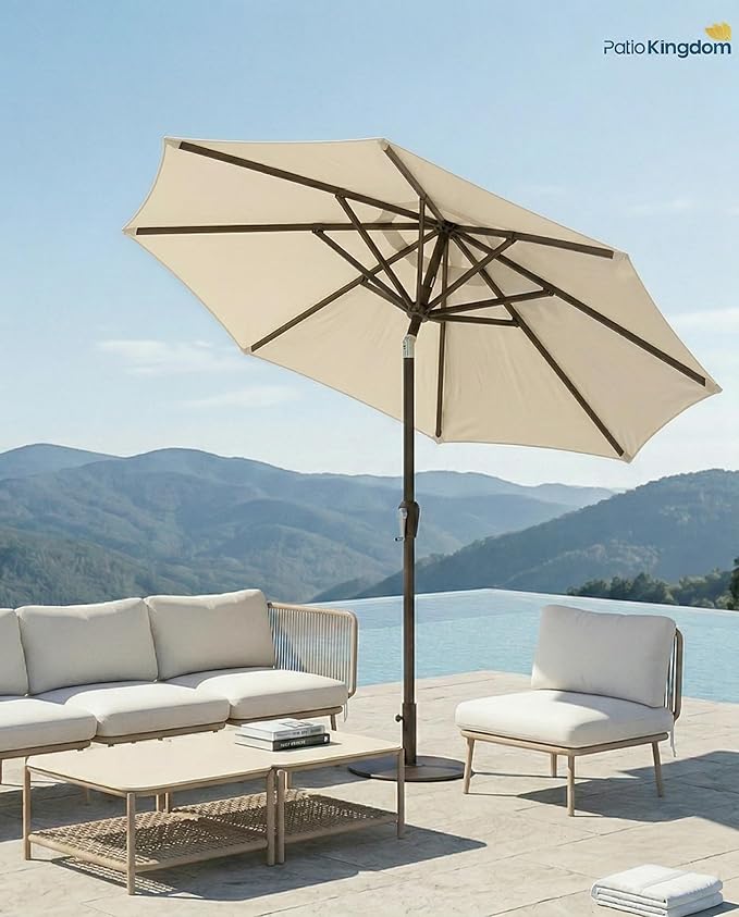 PatioKingdom Auto-Tilt 9FT Patio Umbrella Outdoor with 8 Sturdy Fiberglass Ribs,Market Table Umbrella for Pool,Backyard,Deck and Garden