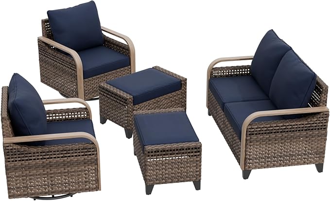 EAGLE PEAK Modern Wicker Outdoor Patio Furniture Set, Patio Conversation Set, 2 Swivel Rocking Chairs, 2-Seat Loveseat and 2 Ottomans, 5 Pieces, Brown/Blue