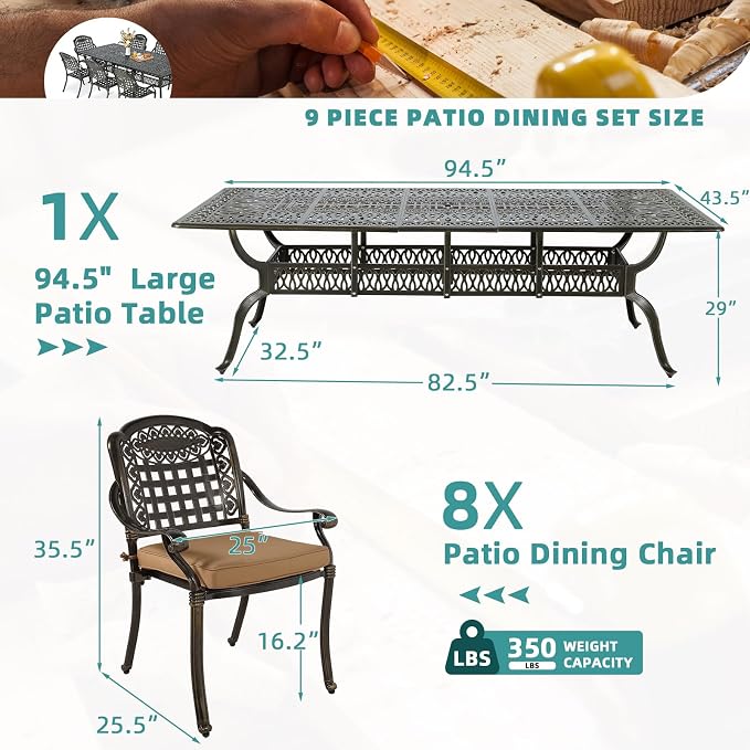 MEETWARM 9-Piece Outdoor Patio Dining Set for 8, All Weather Cast Aluminum Patio Funiture Table and Chairs Set- 94.5” Rectangular Table and 8 Cushioned Chairs for Garden, 2" Umbrella Hole, Khaki