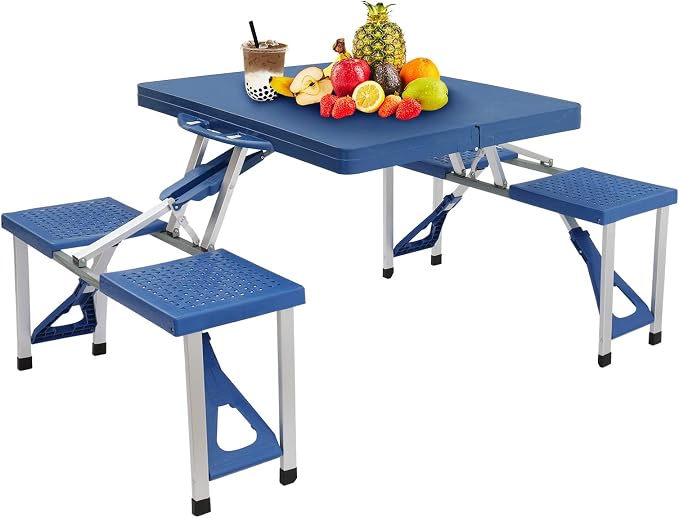 4FT Portable Folding Camping Picnic Table with Seats Chairs and Umbrella Hole, Lightweight Compact Aluminum Outdoor Camping Patio Fold Up Card Suitcase Table with Carry Handle