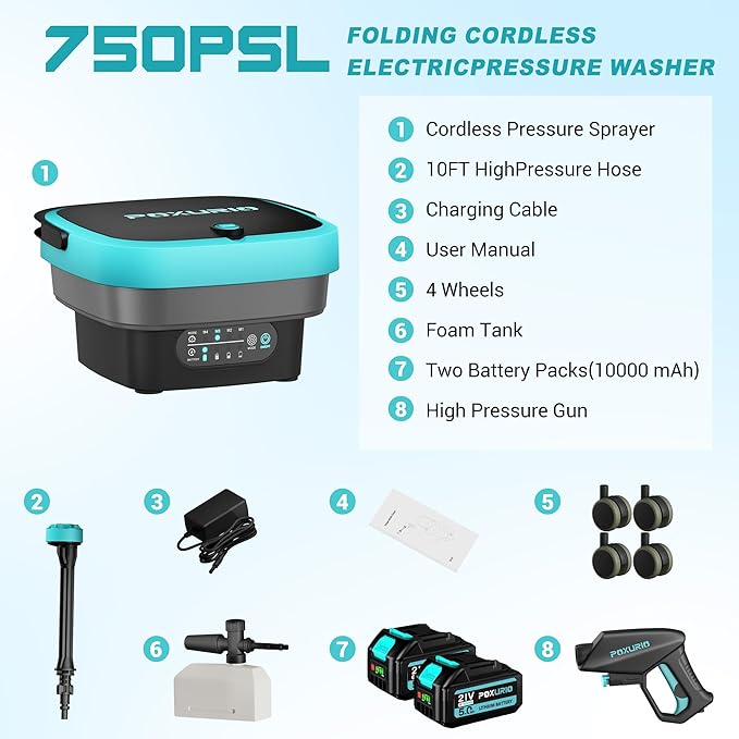 Cordless Washer,Foldable Washer with 2x5.0Ah Battery, 4 Adjustable Model, 4.5Gal Tank 10FT Hose, 6-in-1 Nozzle for Car Washer,Patio,Camping