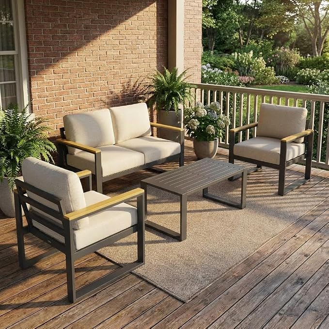 Aluminum Outdoor Patio Furniture - 1 Pcs Loveseat and Coffee Table, All-Weather Metal Modern Outside Furniture with Washable Thick Cushion for for Balcony, Garden, Deck, Backyard,Beige