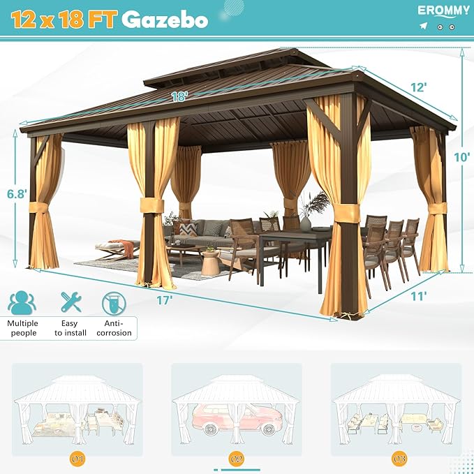 EROMMY 12' x 18' Hardtop Gazebo, Aluminum Frame Gazebos with Galvanized Steel Double Roof, Permanent Outdoor Metal Pavilion with Curtain and Netting for Patio, Lawn, Deck