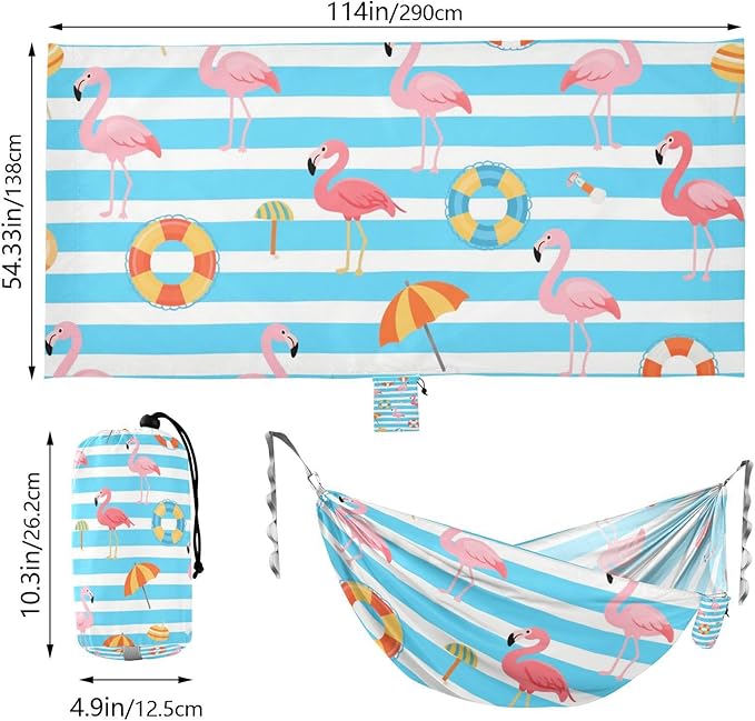 Blue White Striped Summer Flamingo 330lb Capacity Outdoor Hammock with Portabl Carry Bag Tree Hammock for Outside Beach Patio Garden hamaca para Patio Exterior