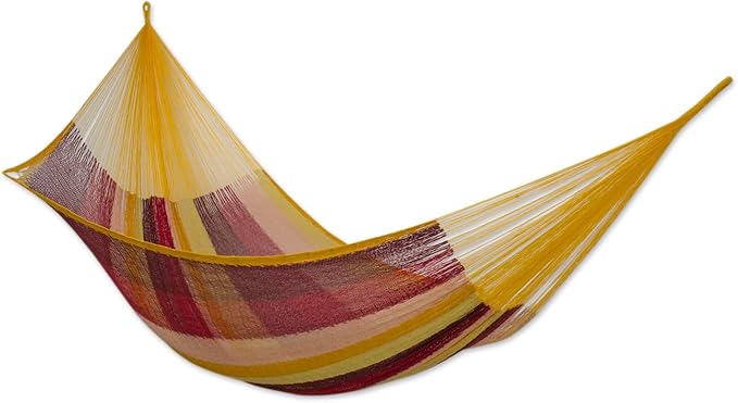 NOVICA Yellow Brown Red Striped Hand Woven Cotton Mayan 2 Person XL Rope Hammock, Tropical Paradise' (Double)