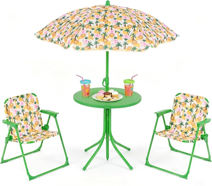 KOTEK Kids Picnic Table with Umbrella, Outdoor Table & 2 Folding Chairs, Cute Pattern Children’s Patio Furniture, Portable Kids Table and Chair Set for Backyard, Garden, Beach (Green Forest)