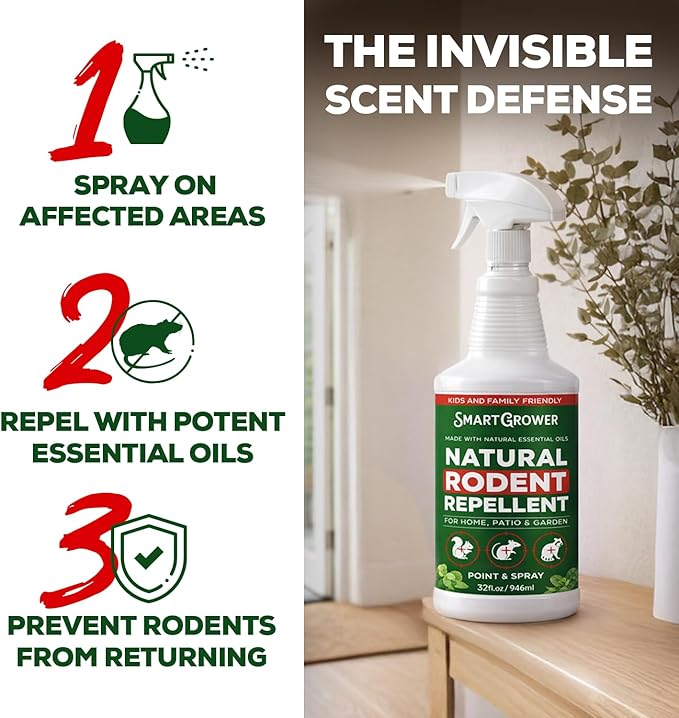 Peppermint Oil Spray for Rodents – Maximum Strength Ready to Use Peppermint Spray for Rodent, Mice, Squirrels – Indoor, Outdoor & Car Engine Protection – 32 oz