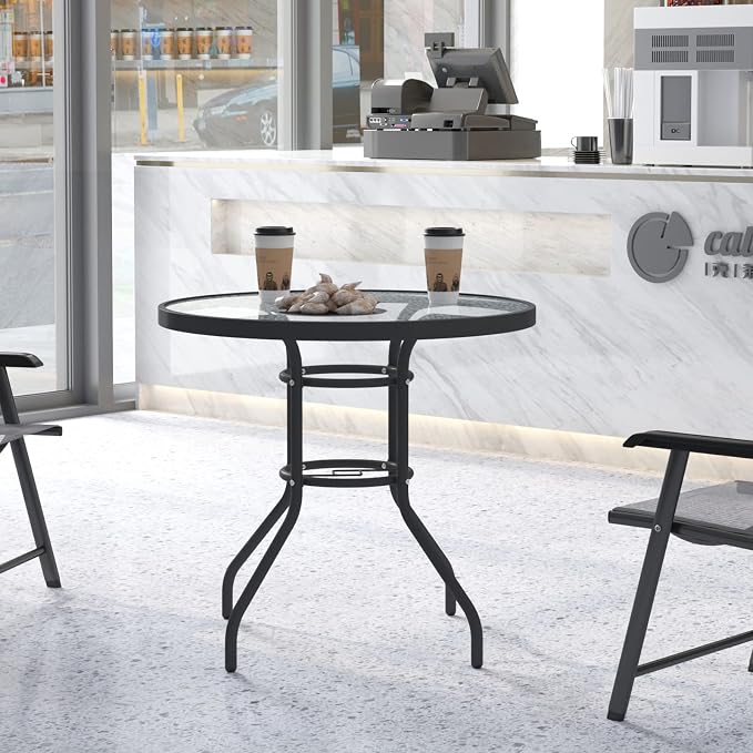 soges 31.5in Outdoor Patio Bistro Coffee Tea Table, Round Tempered Glass Steel Frame Dining Table with Umbrella Hole, All Weather Outside Desk for Garden Lawn Balcony Backyard, Black 30LHYW-OT05BK80