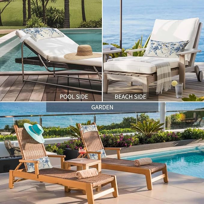 Outdoor Chair Pillow Headrest for Patio Pool Chaise Lounge, Blue Wild Flowers Recliner Head Pillow, Vintage Eucalyptus Leaves Floral Beige Waterproof Pillowcases Neck Lumbar Pillows & Insert 11x16x1