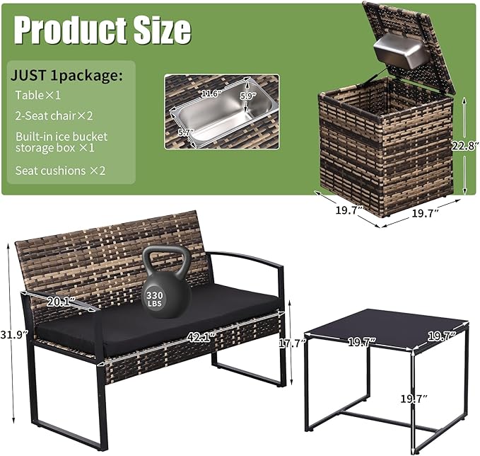 FHFO 5 Piece Outdoor Patio Furniture Set with 28”Gas Fire Pit Table & Ice Bucket Storage Box, Outdoor Wicker Rattan Patio Conversation Set for Outside, Poolside, Balcony, Porch, Yellow-Black