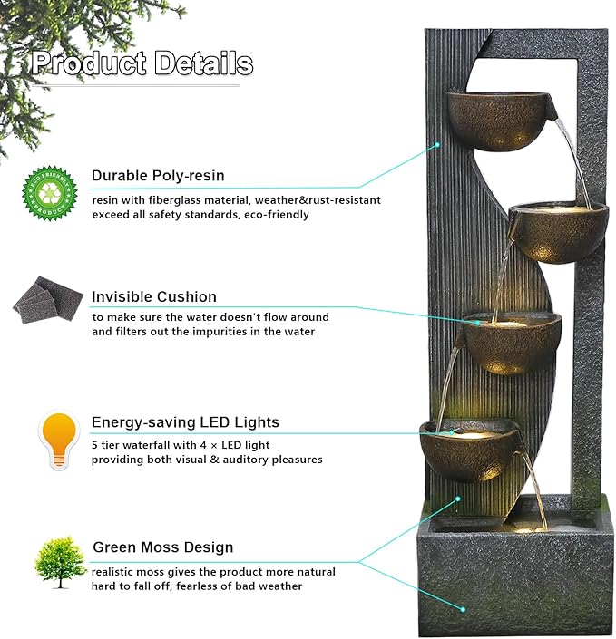 Sunlinua Garden Water Fountains Outdoor 5 Tiered Cascading Bowl Modern Waterfall Fountain with LED Lights, Natural Stones for Garden, Living Room, Patio, Yard Art Decor, 16.3" L * 10.8" W * 49.2" H