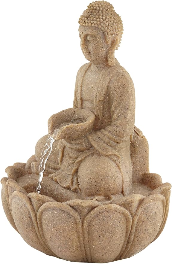 Calm Buddha 14" High Small Zen Asian Indoor Outdoor Decor Sand Stone Tabletop Fountain with Light LED Waterfall Water Feature for Outside Garden Patio Yard Desk Backyard Porch Deck - John Timberland
