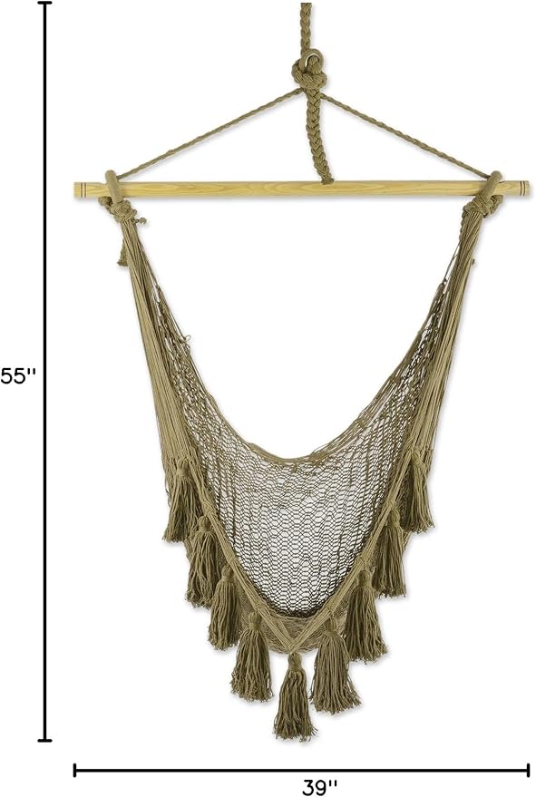 NOVICA Artisan Handmade Cotton Hammock Swing Tasseled Rope Mayan from Mexico Green Solid Tropical Decor 'Ocean Seat in Olive Green' (Single)