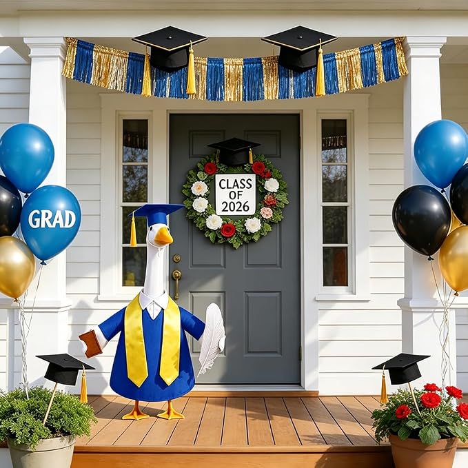 Graduation Porch Goose Outfit for 23" Porch Goose Holiday Graduation Cap and Gown Stoles Outdoor Garden Patio Yard Lawn Art Decoration (Blue)