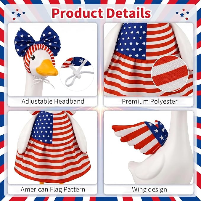 Porch Goose Outfits 23 Inch Summer Statue for 4th of July Patriotic Independence Memorial Day Clothing Dress for Garden Patio Outdoor Holiday Seasonal Costumes Outfit US 250th Anniversary Decoration