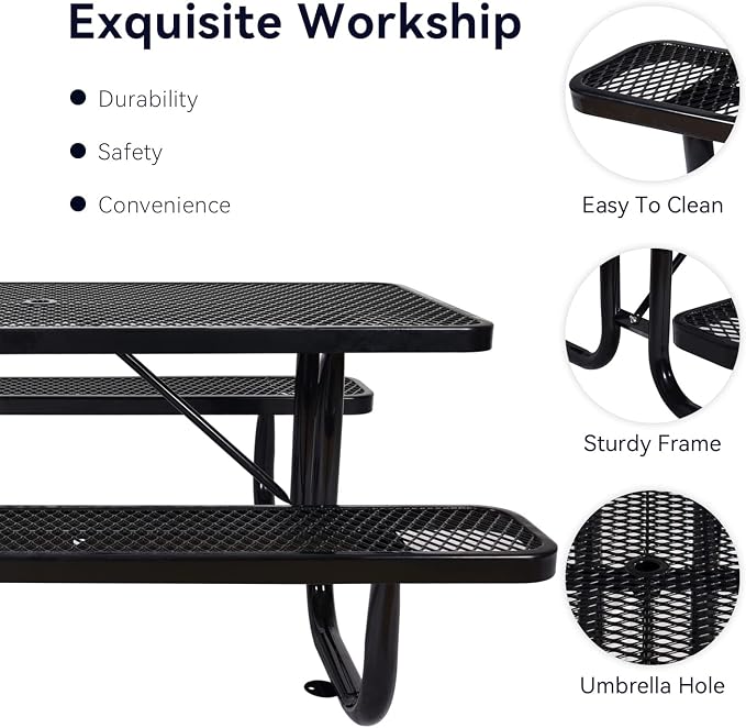 Heavy Duty Picnic Table for Outdoor 1400 lbs Load All Metal Camping Table with Umbrella Hole up to 1.5", Rectangle Dining Table for Commercial Picnic Table with Benches, Black