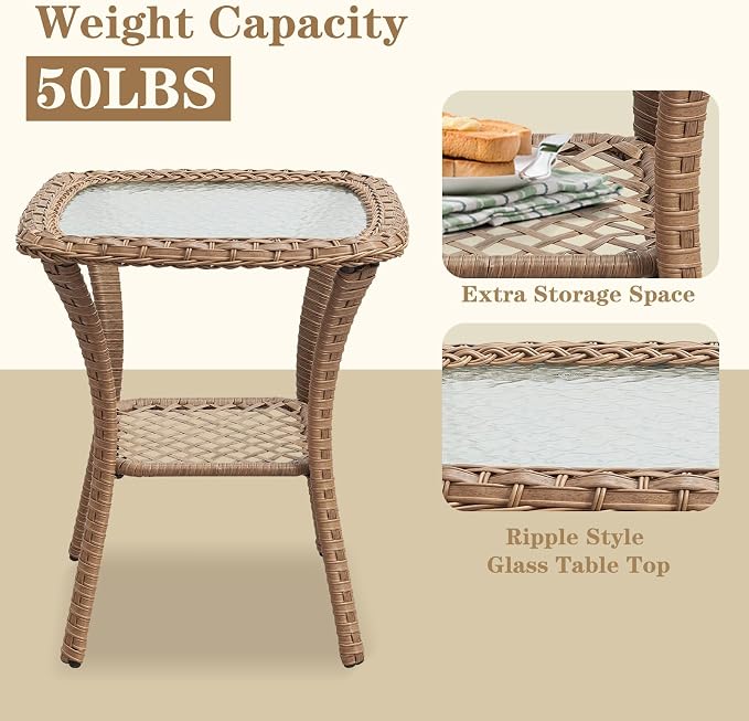 Small Outdoor Side Table - 50 LBS Weight Capacity Wicker Side Table with Storage, Tempered Glass Top Patio Side Table for Porch Balcony Deck Garden - Yellow
