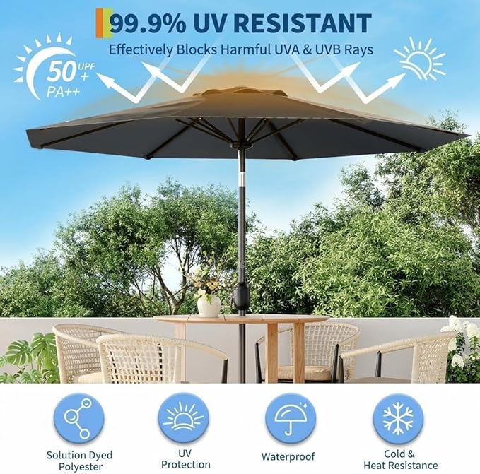 IDEALHOUSE 9FT Outdoor Patio Umbrella, Market Table Umbrella with Crank Lift & Push Button Tilt, Heavy-Duty Iron Frame & Polyester Canopy for Garden, Deck, Backyard, Pool