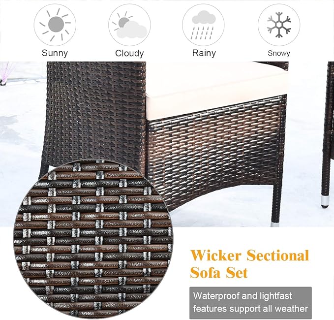 4 Pieces Patio Sofa Set, Wicker Conversation Set with Ergonomic Curved Backrest, Patio Rattan Furniture Set with Soft Cushion, Gray Cover & Tempered Glass Table for Balcony, Porch (Brown)