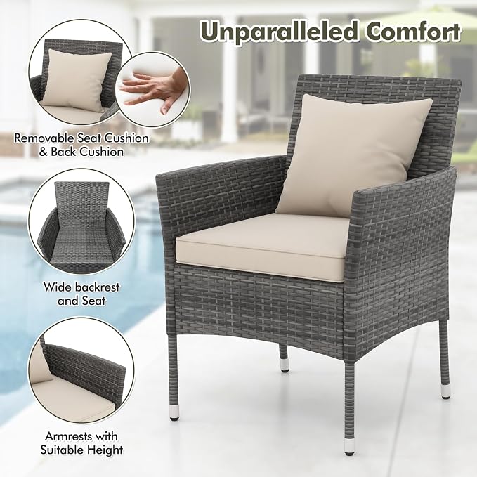 DORTALA Wicker Patio Furniture Set 3 Piece, Small Outdoor Table & Chairs with Tempered Glass Tabletop, Cushions, Rattan Conversation Bistro Set for Balcony, Porch, Backyard, Deck, Mix Gray+Off White