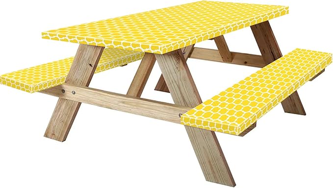 KENOBEE 6ft Picnic Table and Bench Cover, Camping Essentials RV Gear, 72in Waterproof Windproof Outdoor Elastic All Around Tablecloth, Fitted Rectangle Tables and Seats, Yellow-White Moroccan