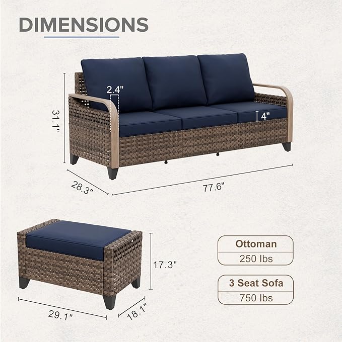 COOS BAY Modern Wicker Outdoor Furniture Set, 3 Piece Patio Conversation Set with a 3 Seat Couch and 2 Ottomans, 3 Piece, Brown/Blue