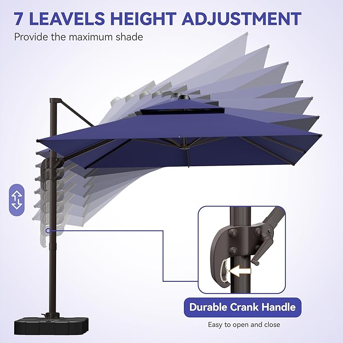 GENTEACO 9x12FT Cantilever Patio Umbrella, Double Top Rectangle Offset Umbrella 7 Angle Tilts & 360° Rotation, Large Heavy Duty Outdoor Sun Umbrella for Pool Market, Navy Blue