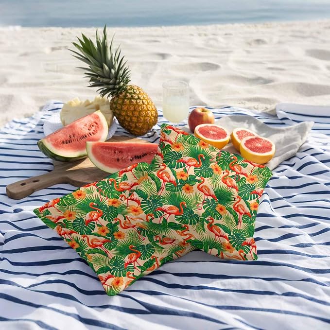 Red Flamingos Outdoor Pillow Covers 16"x16" Set of 2, Jungle Plants Hibiscus Flower Green Leaf Botanical Waterproof Throw Pillow Covers for Patio Furniture, Decorative Cushion Covers for Porch