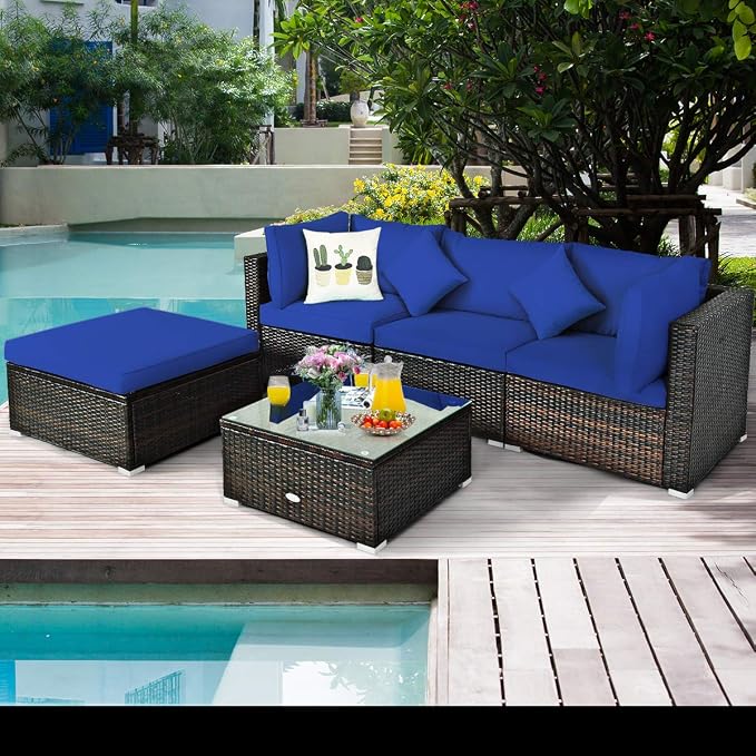 RELAX4LIFE 5-Piece Rattan Sofa Set - Wicker Conversation Set w/Armless Sofa, 2 Corner Sofas, Ottoman, Tempered Coffee Table, All Weather Outdoor Furniture Set for Patio, Poolside, Yard (Navy Blue)