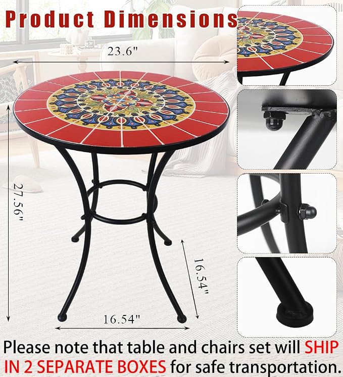 3 Piece Bistro Sets Mosaic Tile Round Table Folding Chairs Garden | Set of 3 Patio Furniture 23.6" Table and 2 Chairs Outdoor Bistro Chairs Artistic Table for Balcony Porch Apartment Backyard