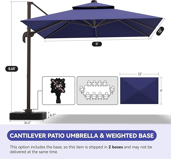 GENTEACO 9x12FT Cantilever Patio Umbrella with Base Included, Double Top Rectangle Offset Umbrella 7 Angle Tilts & 360° Rotation, Large Heavy Duty Outdoor Sun Umbrella for Pool Market, Navy Blue