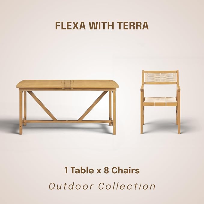 NTC Flexa Extendable Outdoor Dining Table, 63"–94.5" Solid Wood Patio Table for Patio Dining Sets with 8 Terra Chairs Weather Resistant, Easy Assembly, Natural