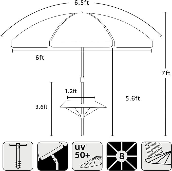 AMMSUN Beach Umbrella with Sand Anchor & Table Tray, Portable Heavy Duty 6.5ft Sun Outdoor Umbrella, UV 50+ Protection, Carry Bag for Beach, Patio, Pool and Garden, Sky Blue Paint