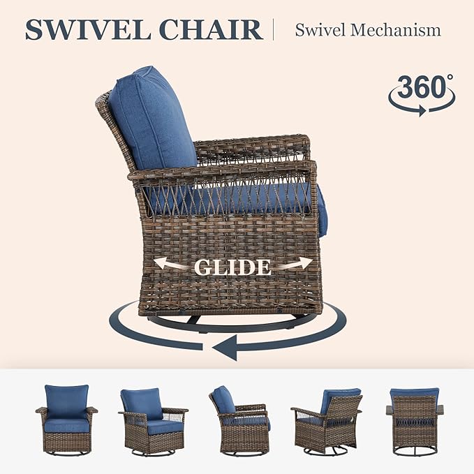 Patio Furniture Set with Fire Pit Table, 7PCS Patio Conversation Set Brown Resin Wicker Swivel Patio Chair Sofa Ottoman Set with Side Table and Fire Table PE Rattan Furniture Set