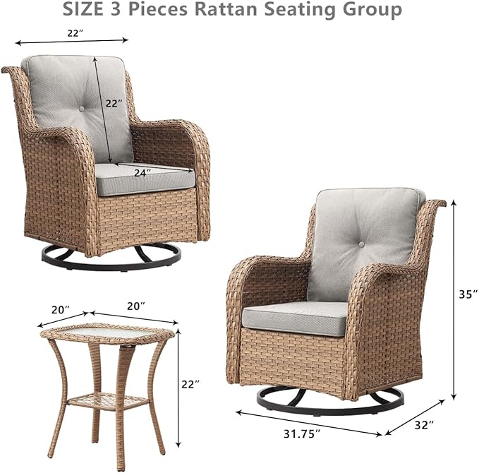 HUMMUH 5 Piece Outdoor Patio Furniture Set Wicker Conversation Bistro Set Swivel Rocking Chairs with Side Table and Ottomans for Backyard, Porch, Balcony