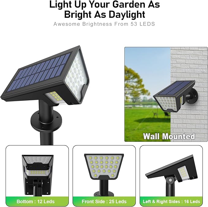 Latband Solar Spot Lights Outdoor IP65 Waterproof, 53 LEDs Solar Powered Garden Yard Lights Outdoor 3 Modes Landscape Spotlight Wall Light with Auto On/Off for Driveway Porch 2 Pack (Cool White)