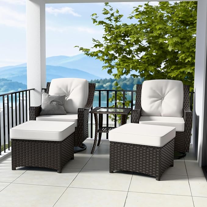 Stone Creek Outdoor Furniture Set with Swivel Rocking Chairs, Side Table & Ottomans, Wicker Patio Conversation Set, Balcony Furniture, 5 Piece, Brown/Beige