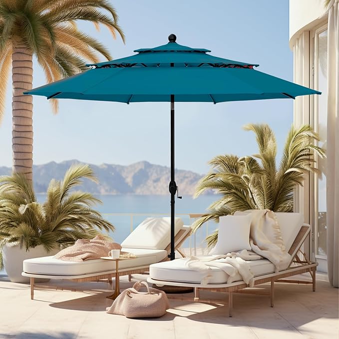 GREEN PARTY 10ft Outdoor Patio Umbrella, [Auto-Tilting] 3 Tiers Market Table Umbrellas with 1.5" Pole, 8 Sturdy Ribs, 3-Year-Non-Fading for Garden Deck Pool Backyard, Cerulean