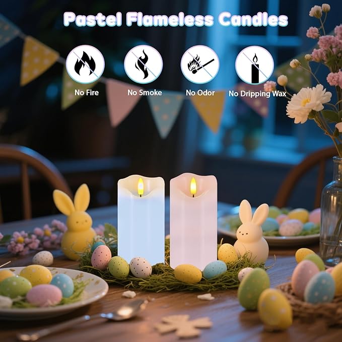 Flameless Candles Light, Set of 2 6"x3" Flickering Pastel Spring LED Candles with Remote & Timer, Dimmable Real Wax Easter Pillar Candles Battery Operated for Home Spring Easter Decor (Pink Blue)