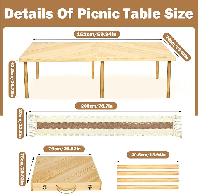 60x30in Boho Wooden Foldable Picnic Table, Portable Outdoor Low Table for Sitting On The Floor with Legs,for 6-8 People,Ideal for Camping, Garden,Party,Picnics & Parties,Logcolor (Log Color)