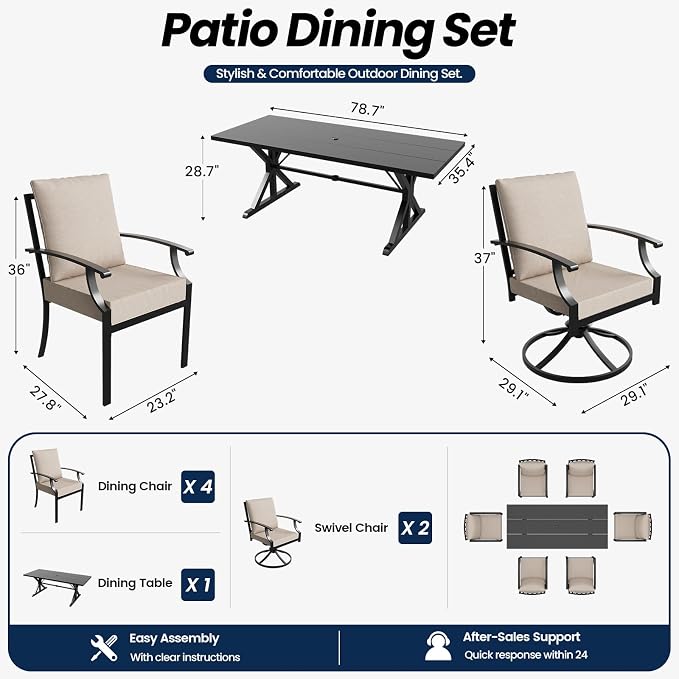 7 Piece Outdoor Dining Set for 6, Metal Patio Table and Chairs with Cushions, Patio Furniture Set with 2 Swivel Chairs, Rectangular Metal Dining Table with Umbrella Hole, Lawn Deck Yard-Sand