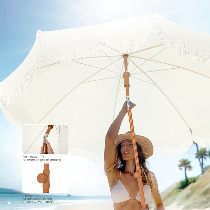 PHI VILLA 7ft Fringe Beach Umbrella White with Sand Anchor, Outdoor Patio White Portable Beach Umbrella for Sand with Tassels, Push Button Tilt & Carrying Bag, UPF 50+