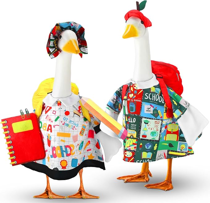 Abbylike 2 Set Back to School Porch Goose Outfit First Day of School Yard Goose Costume Clothes with Bag Pencli and Notebook Fits Large 23'' Cement for Garden Pathway Statue Decor