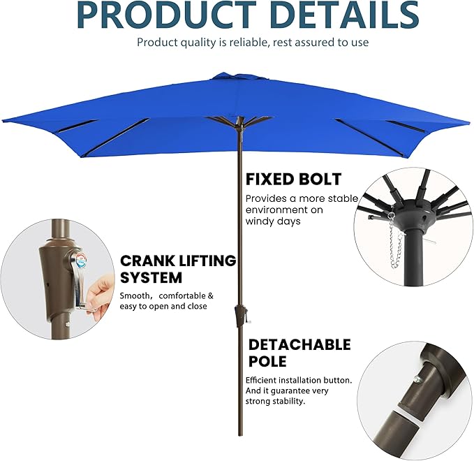 8x10FT Rectangular Patio Umbrella with Crank Lift for Garden,UV Protection Outdoor Umbrella for Deck,Pool and Yard,Blue