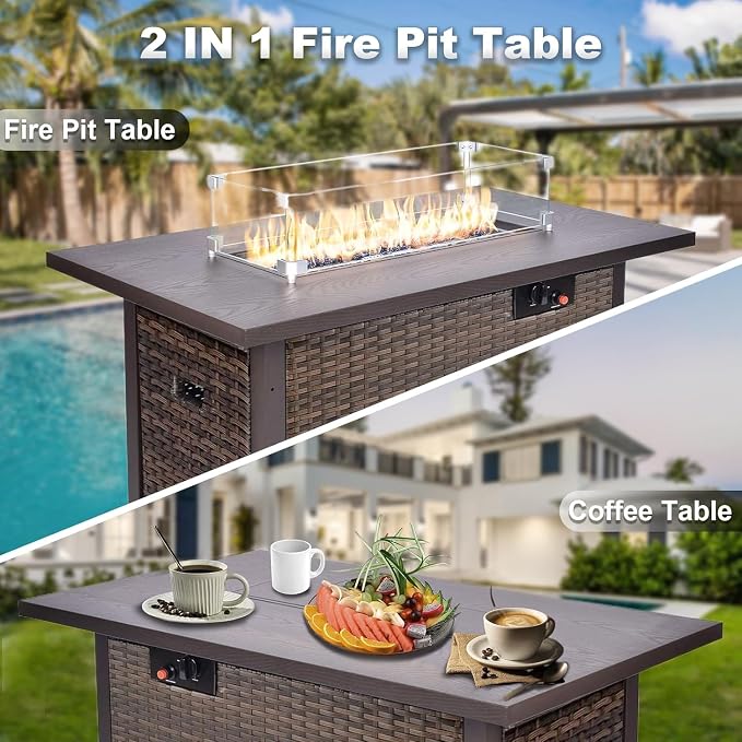 Grezone 5 Piece Patio Furniture Set with 44" Fire Pit Table, Outdoor Sectional Couch, PE Rattan Patio Conversation Sets with 4inch Cushions for Backyard Deep Blue (NY)